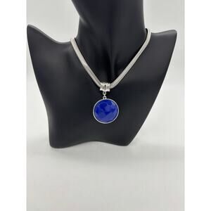 Trifari silver tone snake chain w/ blue pendant necklace coastal grandma 18”